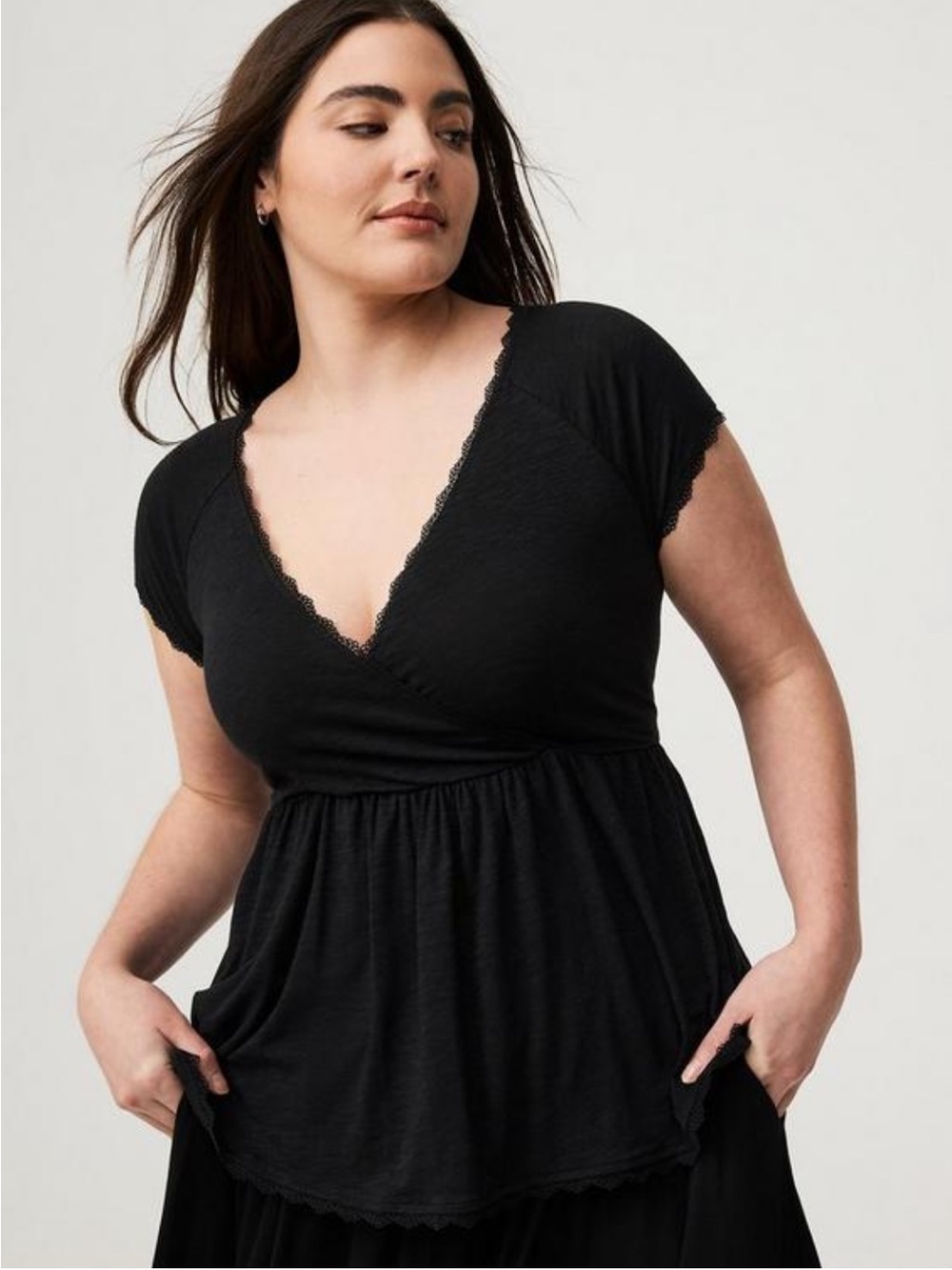 torrid Black Lace-Trim Wrap-Front Peplum Top